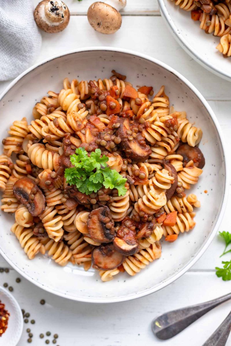 Plant-Based Lentil, Spinach and Mushroom Bolognese